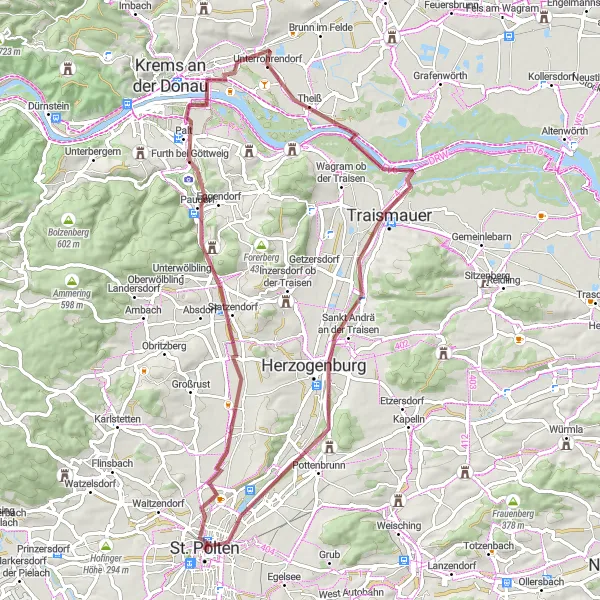 Karttaminiaatyyri "Seikkailu hiekkateillä ja metsäpoluilla" pyöräilyinspiraatiosta alueella Niederösterreich, Austria. Luotu Tarmacs.app pyöräilyreittisuunnittelijalla