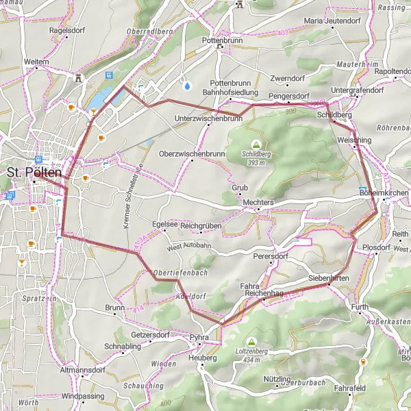 Miniaturní mapa "Gravelová cyklotrasa přes Böheimkirchen" inspirace pro cyklisty v oblasti Niederösterreich, Austria. Vytvořeno pomocí plánovače tras Tarmacs.app