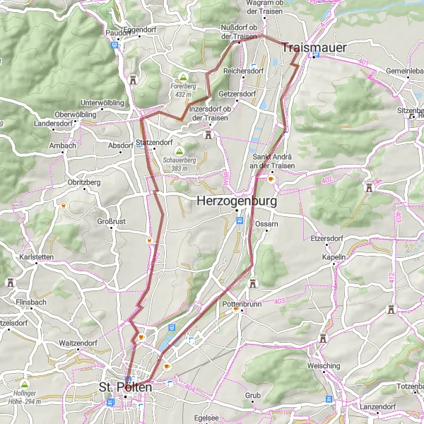 Map miniature of "Niederösterreich Gravel Escape from Sankt Pölten" cycling inspiration in Niederösterreich, Austria. Generated by Tarmacs.app cycling route planner