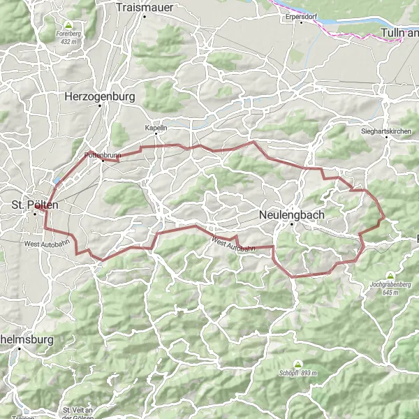 Map miniature of "Hills and Vines Loop" cycling inspiration in Niederösterreich, Austria. Generated by Tarmacs.app cycling route planner
