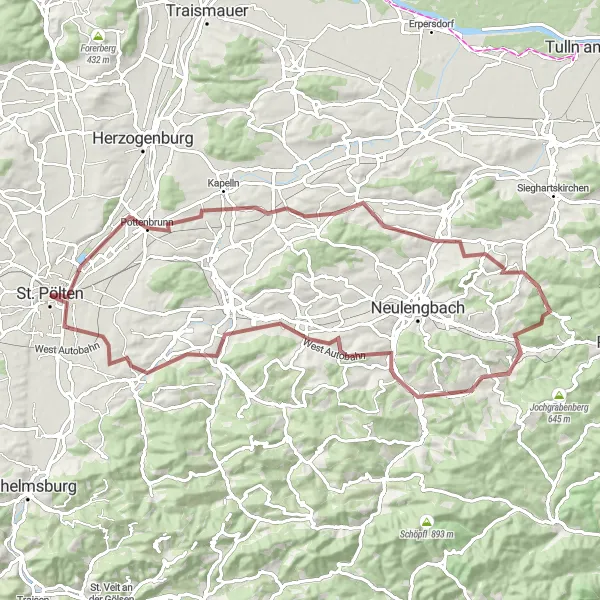 Miniaturekort af cykelinspirationen "Gruscykeltur til Pottenbrunn og Eichberg" i Niederösterreich, Austria. Genereret af Tarmacs.app cykelruteplanlægger