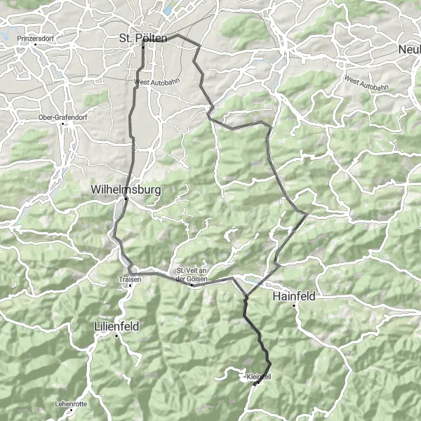 Map miniature of "Scenic Road Cycling Adventure near Sankt Pölten" cycling inspiration in Niederösterreich, Austria. Generated by Tarmacs.app cycling route planner
