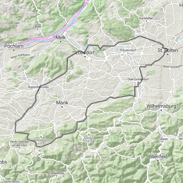 Zemljevid v pomanjšavi "Dolg krog okoli Sankt Pöltena" kolesarske inspiracije v Niederösterreich, Austria. Generirano z načrtovalcem kolesarskih poti Tarmacs.app