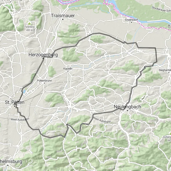 Mapa miniatúra "Cesta na cestnom bicykli okolo Sankt Pölten" cyklistická inšpirácia v Niederösterreich, Austria. Vygenerované cyklistickým plánovačom trás Tarmacs.app