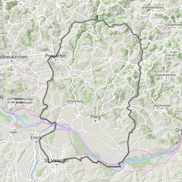 Miniatua del mapa de inspiración ciclista "Ruta Escénica a Mitterkirchen im Machland" en Niederösterreich, Austria. Generado por Tarmacs.app planificador de rutas ciclistas