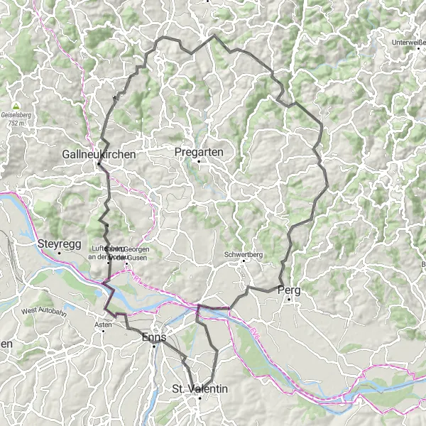 Map miniature of "Enchanting Donau Strand" cycling inspiration in Niederösterreich, Austria. Generated by Tarmacs.app cycling route planner