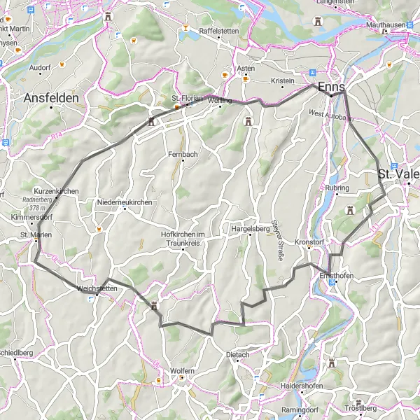 Map miniature of "Scenic Machland Tour" cycling inspiration in Niederösterreich, Austria. Generated by Tarmacs.app cycling route planner