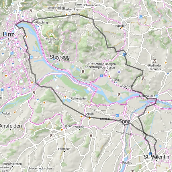 Karttaminiaatyyri "Enns - Mauthausen Loop" pyöräilyinspiraatiosta alueella Niederösterreich, Austria. Luotu Tarmacs.app pyöräilyreittisuunnittelijalla