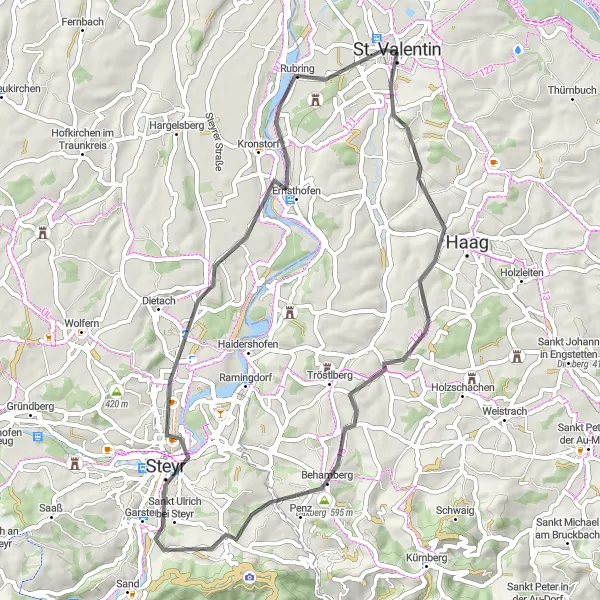 Karten-Miniaturansicht der Radinspiration "Schloss-Rundenfahrt durch die österreichische Landschaft" in Niederösterreich, Austria. Erstellt vom Tarmacs.app-Routenplaner für Radtouren