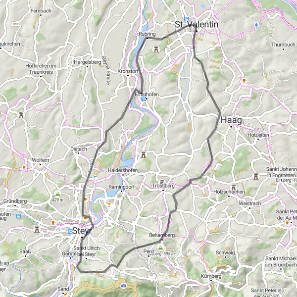 Map miniature of "Castles and Countryside" cycling inspiration in Niederösterreich, Austria. Generated by Tarmacs.app cycling route planner