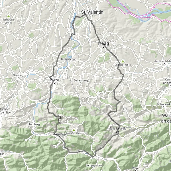 Miniatura della mappa di ispirazione al ciclismo "Avventuroso giro in bicicletta nei dintorni di Sankt Valentin" nella regione di Niederösterreich, Austria. Generata da Tarmacs.app, pianificatore di rotte ciclistiche