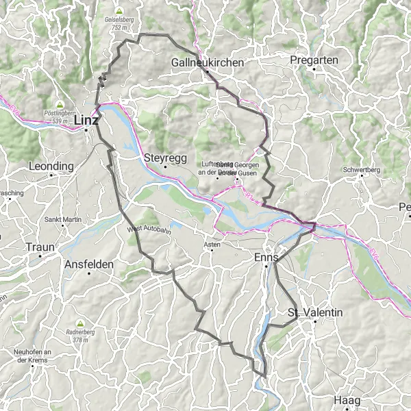 Miniatua del mapa de inspiración ciclista "Ruta Escénica a Langenstein" en Niederösterreich, Austria. Generado por Tarmacs.app planificador de rutas ciclistas