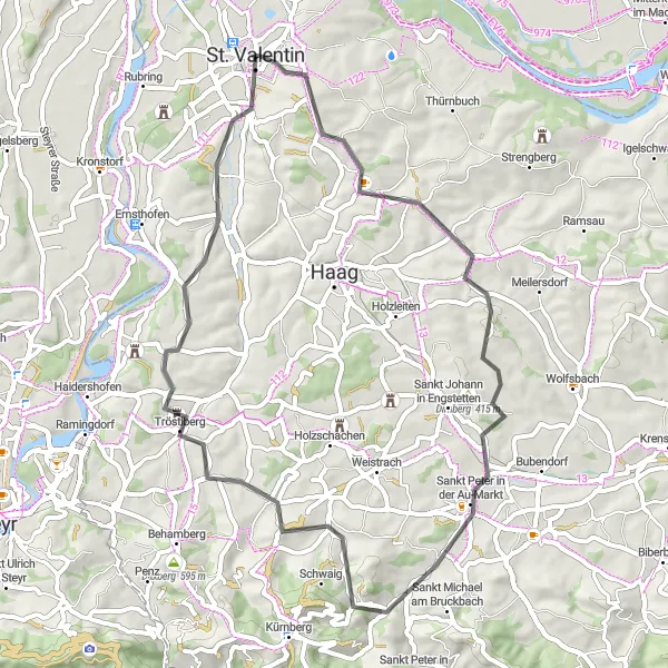 Miniatua del mapa de inspiración ciclista "Ruta Escénica a Sankt Peter in der Au-Markt" en Niederösterreich, Austria. Generado por Tarmacs.app planificador de rutas ciclistas