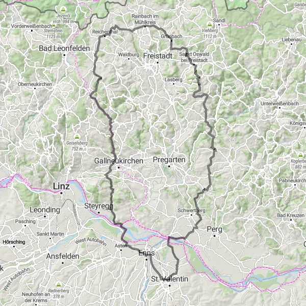 Miniatura della mappa di ispirazione al ciclismo "Giro in bicicletta da Sankt Valentin a Freistadt" nella regione di Niederösterreich, Austria. Generata da Tarmacs.app, pianificatore di rotte ciclistiche