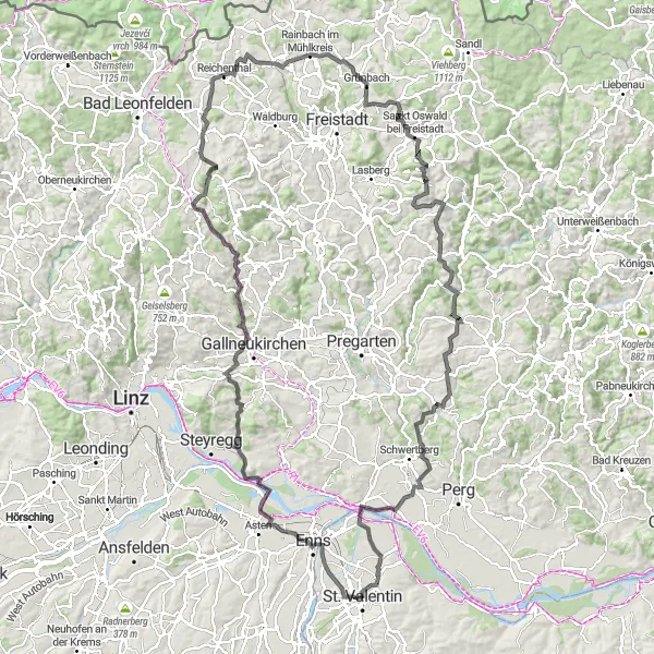 Karttaminiaatyyri "Maantiepyöräilyreitti Sankt Valentin lähellä" pyöräilyinspiraatiosta alueella Niederösterreich, Austria. Luotu Tarmacs.app pyöräilyreittisuunnittelijalla