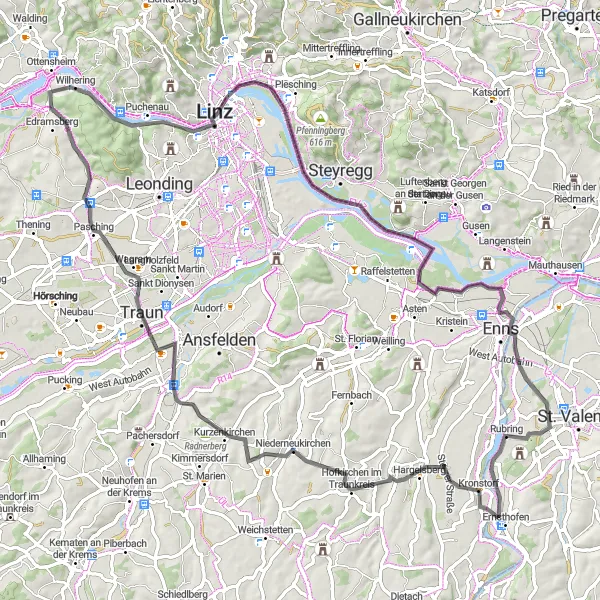 Map miniature of "Traun-Linz Loop" cycling inspiration in Niederösterreich, Austria. Generated by Tarmacs.app cycling route planner