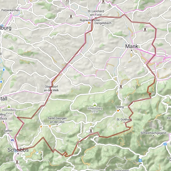 Miniatura della mappa di ispirazione al ciclismo "Giro in bicicletta da Scheibbs a Blassenstein" nella regione di Niederösterreich, Austria. Generata da Tarmacs.app, pianificatore di rotte ciclistiche