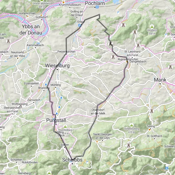 Map miniature of "The Scenic Road Loop" cycling inspiration in Niederösterreich, Austria. Generated by Tarmacs.app cycling route planner