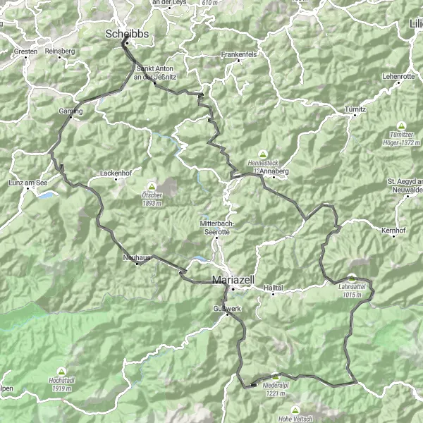 Miniatura della mappa di ispirazione al ciclismo "Giro in bicicletta Strada Gerstenberg-Mürzsteg" nella regione di Niederösterreich, Austria. Generata da Tarmacs.app, pianificatore di rotte ciclistiche