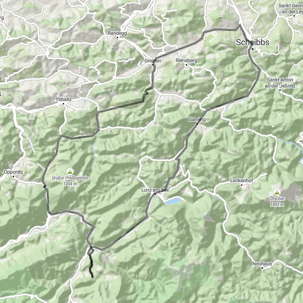 Miniatura mapy "Scheibbs - Göstling an der Ybbs - Gresten - Scheibbs" - trasy rowerowej w Niederösterreich, Austria. Wygenerowane przez planer tras rowerowych Tarmacs.app