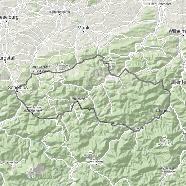 Miniatura della mappa di ispirazione al ciclismo "Sankt Georgen an der Leys - Schwarzenbach an der Pielach" nella regione di Niederösterreich, Austria. Generata da Tarmacs.app, pianificatore di rotte ciclistiche
