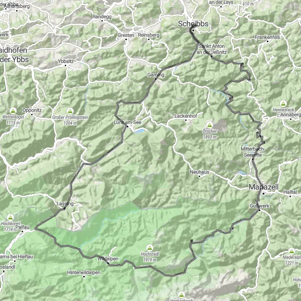 Miniatura della mappa di ispirazione al ciclismo "Scheibbs - Schloss Lehenhof" nella regione di Niederösterreich, Austria. Generata da Tarmacs.app, pianificatore di rotte ciclistiche