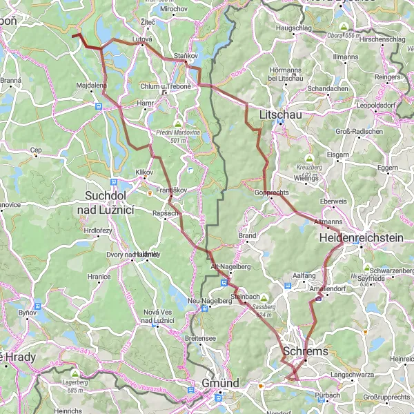 Miniatuurkaart van de fietsinspiratie "De verborgen schatten van Schrems: Lutová en Altmanns" in Niederösterreich, Austria. Gemaakt door de Tarmacs.app fietsrouteplanner