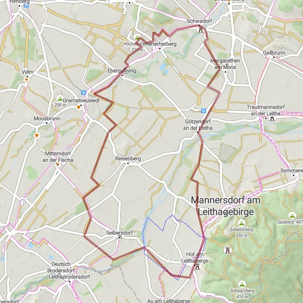 Zemljevid v pomanjšavi "Gravel pot med Schwadorf in Wienerherberg" kolesarske inspiracije v Niederösterreich, Austria. Generirano z načrtovalcem kolesarskih poti Tarmacs.app
