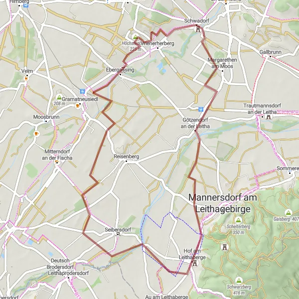 Karttaminiaatyyri "Schwadorf - Grünbühel - Kastanienberg - Hof am Leithaberge - Neu-Reisenberg - Höchstenbühel - Wienerherberg" pyöräilyinspiraatiosta alueella Niederösterreich, Austria. Luotu Tarmacs.app pyöräilyreittisuunnittelijalla