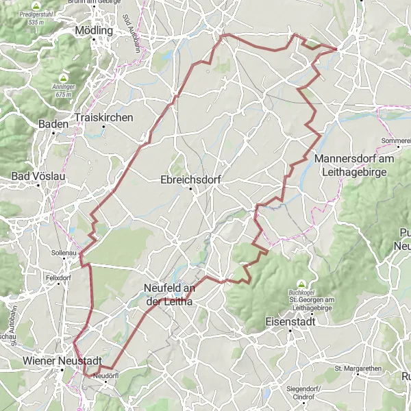 Map miniature of "Wienerherberg Gravel Adventure" cycling inspiration in Niederösterreich, Austria. Generated by Tarmacs.app cycling route planner