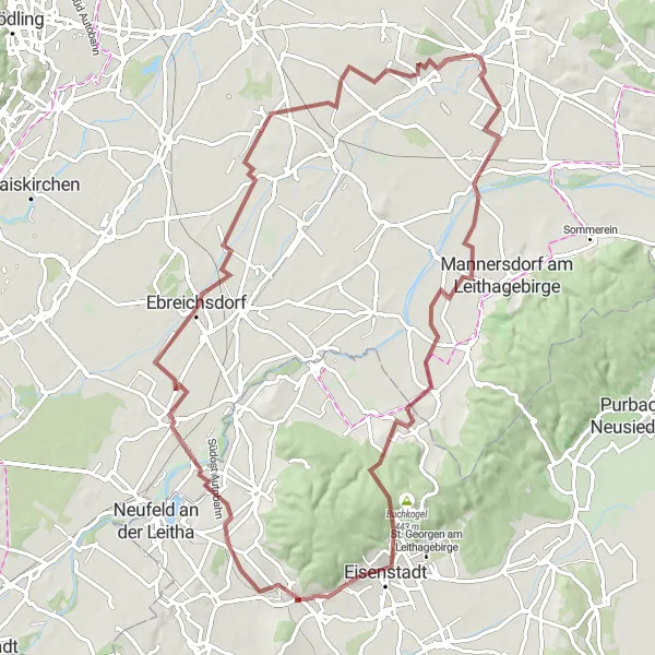 Map miniature of "Schwadorf Heritage Gravel Loop" cycling inspiration in Niederösterreich, Austria. Generated by Tarmacs.app cycling route planner