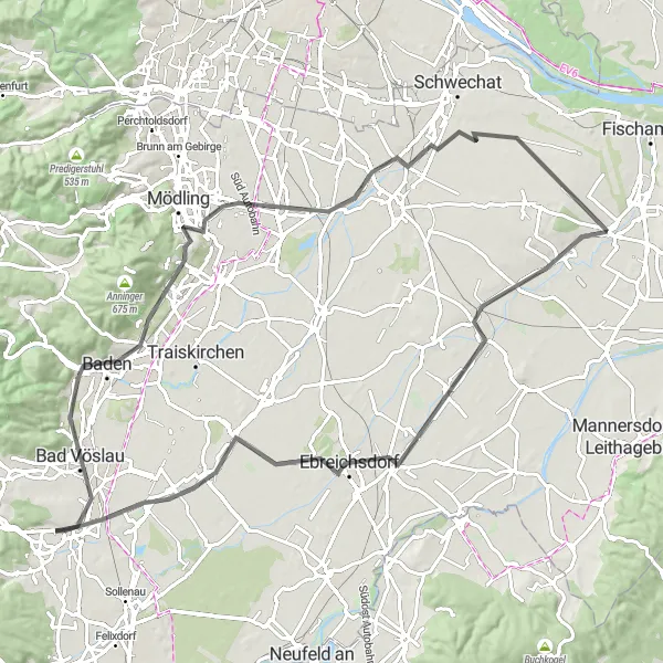 Miniaturní mapa "Scenic Road Cycling near Schwadorf" inspirace pro cyklisty v oblasti Niederösterreich, Austria. Vytvořeno pomocí plánovače tras Tarmacs.app