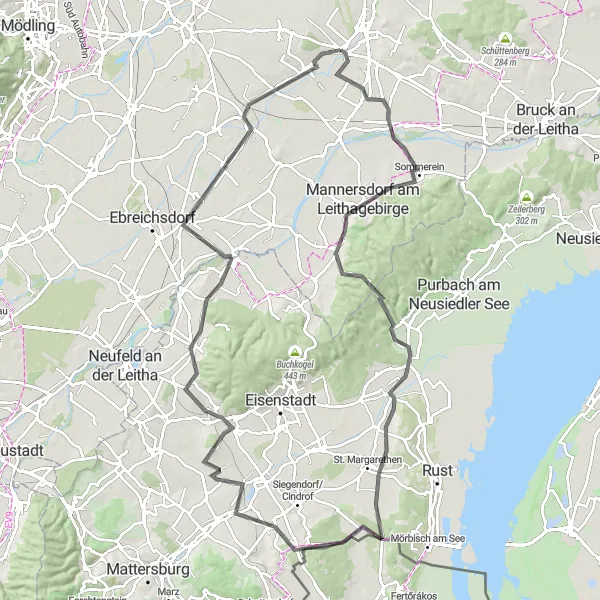 Map miniature of "Schwadorf - Wenzelberg - Mannersdorf am Leithagebirge - Schützen am Gebirge - Kogel - Pestsäule - Großhöflein - Leithaprodersdorf - Gramatneusiedl - Schwadorf" cycling inspiration in Niederösterreich, Austria. Generated by Tarmacs.app cycling route planner