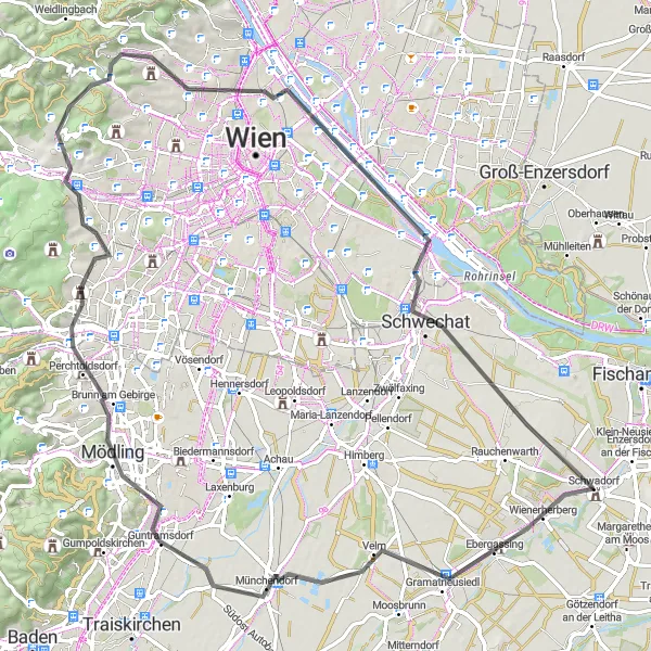 Miniatura della mappa di ispirazione al ciclismo "Scoperta dei paesaggi di Brunn am Gebirge" nella regione di Niederösterreich, Austria. Generata da Tarmacs.app, pianificatore di rotte ciclistiche