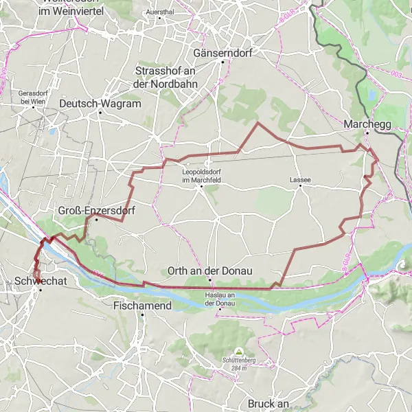 Miniaturní mapa "Gravelová dobrodružná trasa kolem Schwechatu" inspirace pro cyklisty v oblasti Niederösterreich, Austria. Vytvořeno pomocí plánovače tras Tarmacs.app