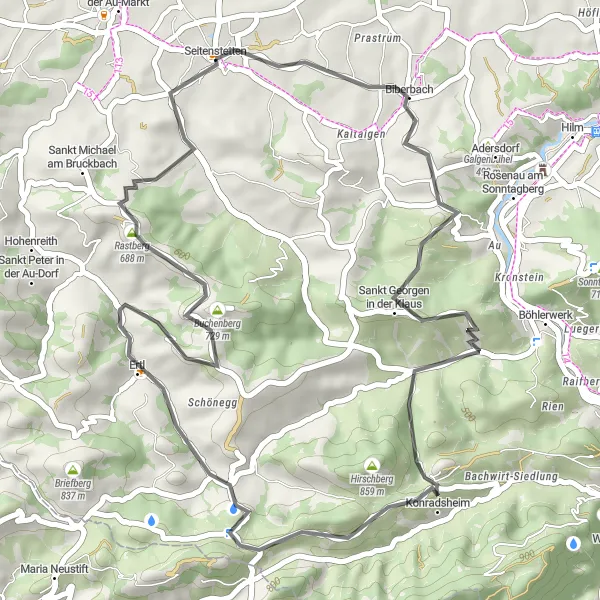 Miniatua del mapa de inspiración ciclista "Ruta de ciclismo de carretera Seitenstetten-Rastberg" en Niederösterreich, Austria. Generado por Tarmacs.app planificador de rutas ciclistas