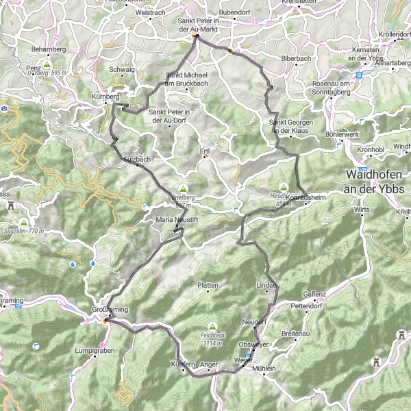 Map miniature of "Seitenstetten Hills Exploration" cycling inspiration in Niederösterreich, Austria. Generated by Tarmacs.app cycling route planner