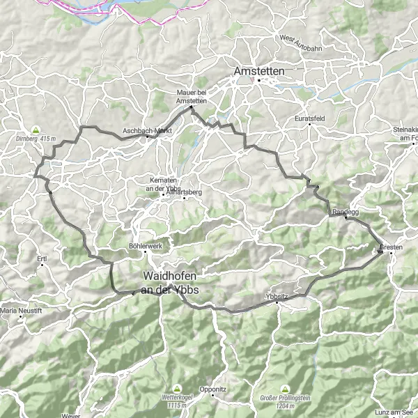 Miniatua del mapa de inspiración ciclista "Exploración Histórica de Aschbach-Markt a Weinbergkogel" en Niederösterreich, Austria. Generado por Tarmacs.app planificador de rutas ciclistas
