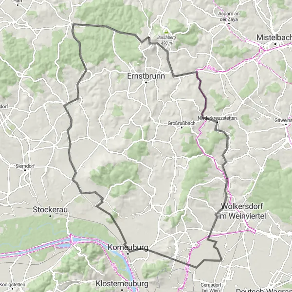 Miniatuurkaart van de fietsinspiratie "Wegroute naar Großebersdorf" in Niederösterreich, Austria. Gemaakt door de Tarmacs.app fietsrouteplanner