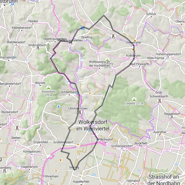 Miniatua del mapa de inspiración ciclista "Recorrido de Carretera de Ulrichskirchen a Seyring" en Niederösterreich, Austria. Generado por Tarmacs.app planificador de rutas ciclistas