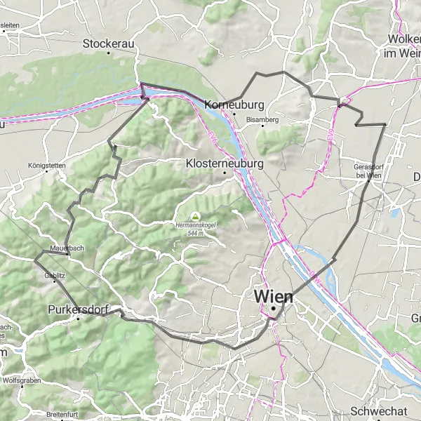 Mapa miniatúra "Road okruh poblíž Seyringu" cyklistická inšpirácia v Niederösterreich, Austria. Vygenerované cyklistickým plánovačom trás Tarmacs.app