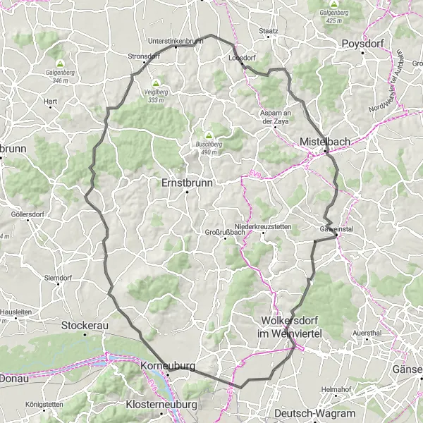 Miniatua del mapa de inspiración ciclista "Ruta de Carretera desde Hagenbrunn a Seyring" en Niederösterreich, Austria. Generado por Tarmacs.app planificador de rutas ciclistas