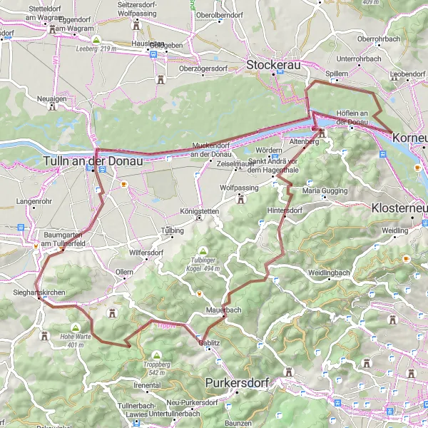 Mapa miniatúra "Gravel okolo Tulln an der Donau" cyklistická inšpirácia v Niederösterreich, Austria. Vygenerované cyklistickým plánovačom trás Tarmacs.app