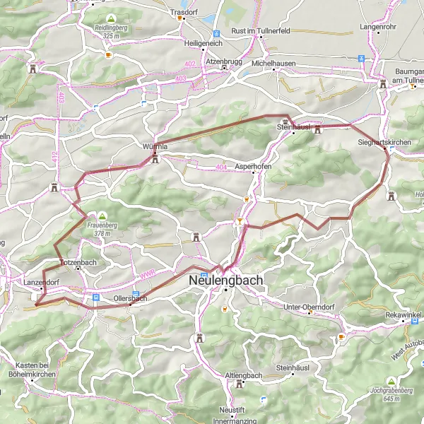 Miniatura della mappa di ispirazione al ciclismo "Percorso in bicicletta su ghiaia di 51 km con 515 m di dislivello" nella regione di Niederösterreich, Austria. Generata da Tarmacs.app, pianificatore di rotte ciclistiche