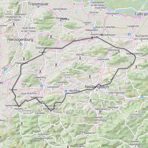 Map miniature of "Sieghartskirchen to Ranzelsdorf Route" cycling inspiration in Niederösterreich, Austria. Generated by Tarmacs.app cycling route planner