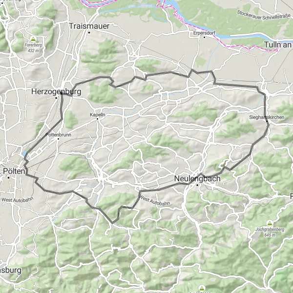 Miniatua del mapa de inspiración ciclista "Ruta de Carretera por Buchbergwarte y Wagendorf" en Niederösterreich, Austria. Generado por Tarmacs.app planificador de rutas ciclistas