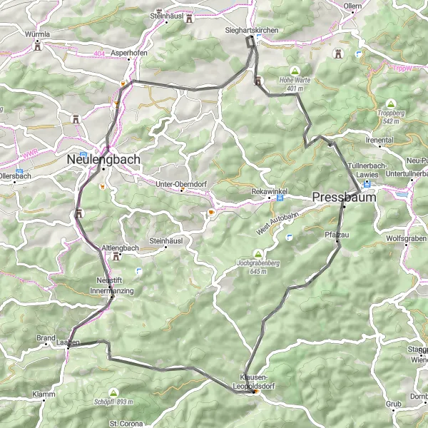 Miniatua del mapa de inspiración ciclista "Ruta escénica por Hengstlhöhe y Neulengbach" en Niederösterreich, Austria. Generado por Tarmacs.app planificador de rutas ciclistas