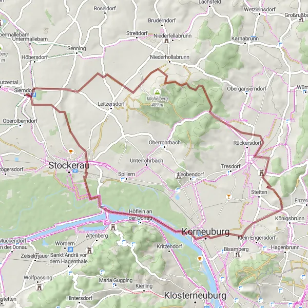 Map miniature of "Sierndorf Steinberg Gravel Route" cycling inspiration in Niederösterreich, Austria. Generated by Tarmacs.app cycling route planner