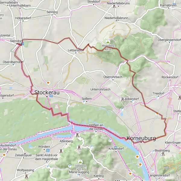 Miniatua del mapa de inspiración ciclista "Ruta de Grava Sierndorf - Waschberg - Oberolberndorf" en Niederösterreich, Austria. Generado por Tarmacs.app planificador de rutas ciclistas