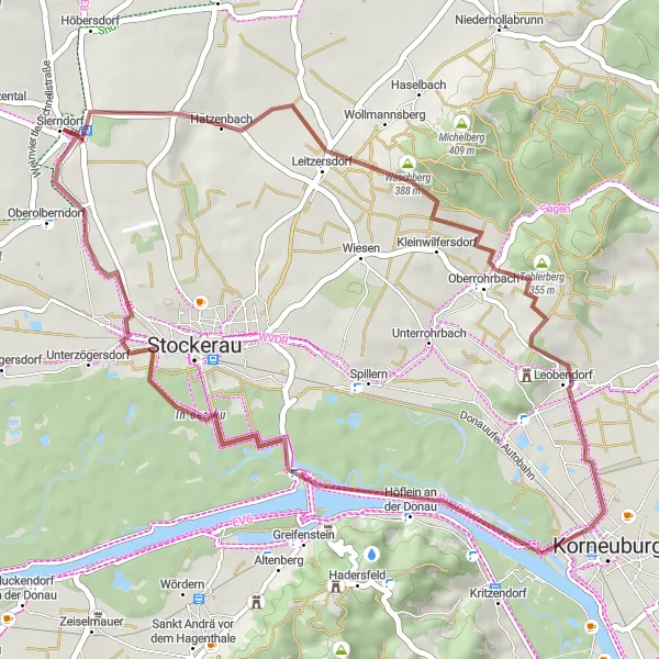 Miniatura della mappa di ispirazione al ciclismo "Giro in Gravel di Sierndorf - Schloss Sierndorf" nella regione di Niederösterreich, Austria. Generata da Tarmacs.app, pianificatore di rotte ciclistiche